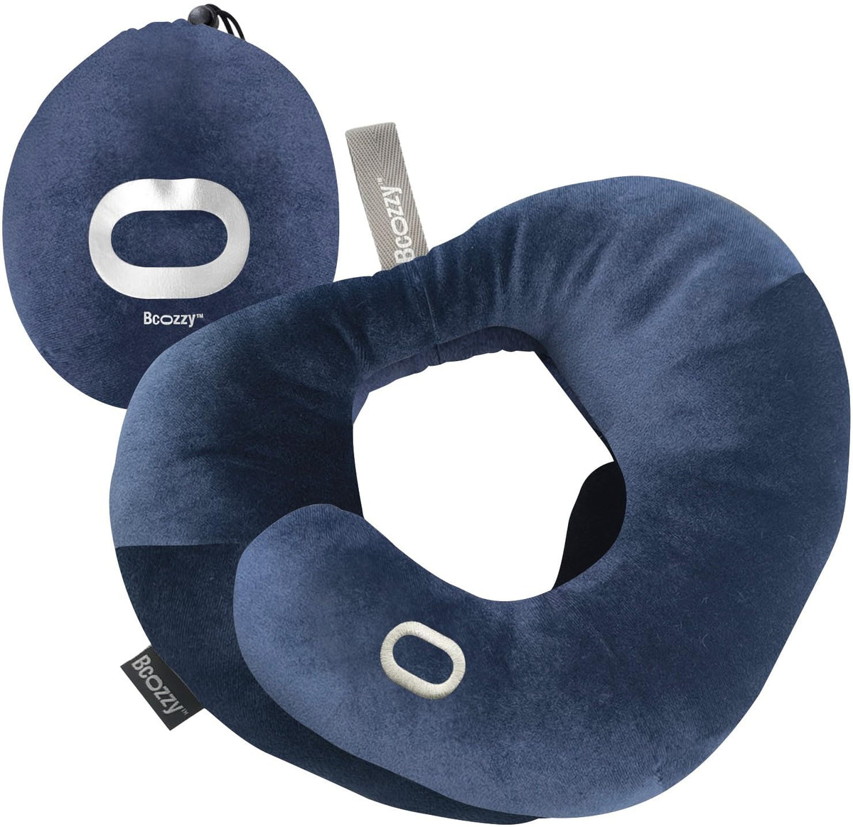 BCOZZY Travel Neck Pillow for Airplane - Patented Head, Neck & Chin Support. Soft, Adjustable Pillow for Comfortable Resting on Long Flights, Car Rides & Recliners. Washable, Carry Bag, Large, Navy