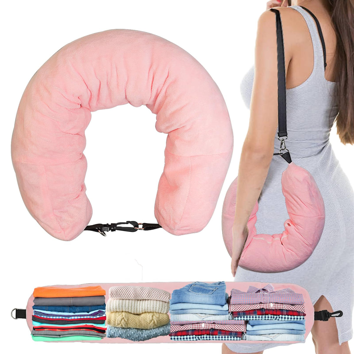 1/2PCS Travel Pillow Stuffable with Clothes As Carry-On Luggage Fits Up to 3 Days of Travel Essentials, Multifunctional U-Shaped Pillowcase for Business, Trip, Outdoor (1PCS-Black)