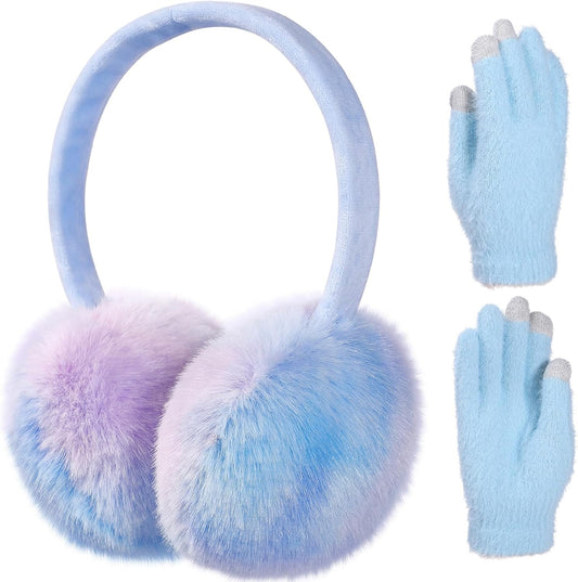 Girls Rainbow Plush Earmuffs and Gloves Set Kids Winter Gradient Faux Fur Ear Covers Warmers Age 7-14
