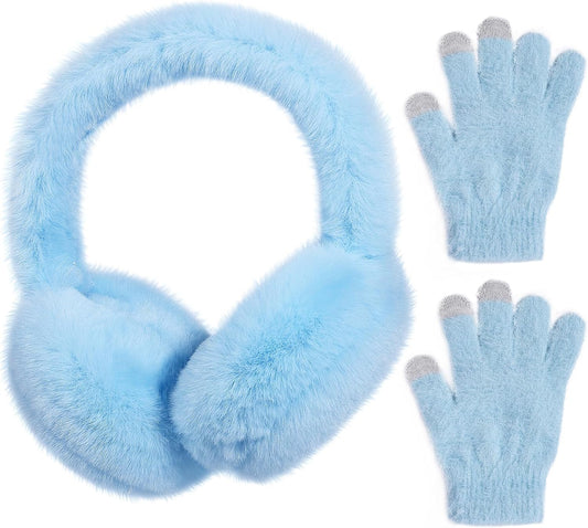 Kids Plush Earmuffs and Gloves Set Girls Boys Winter Faux Fur Ears Muffs Covers Outdoor Ear Warmers Age 7-12