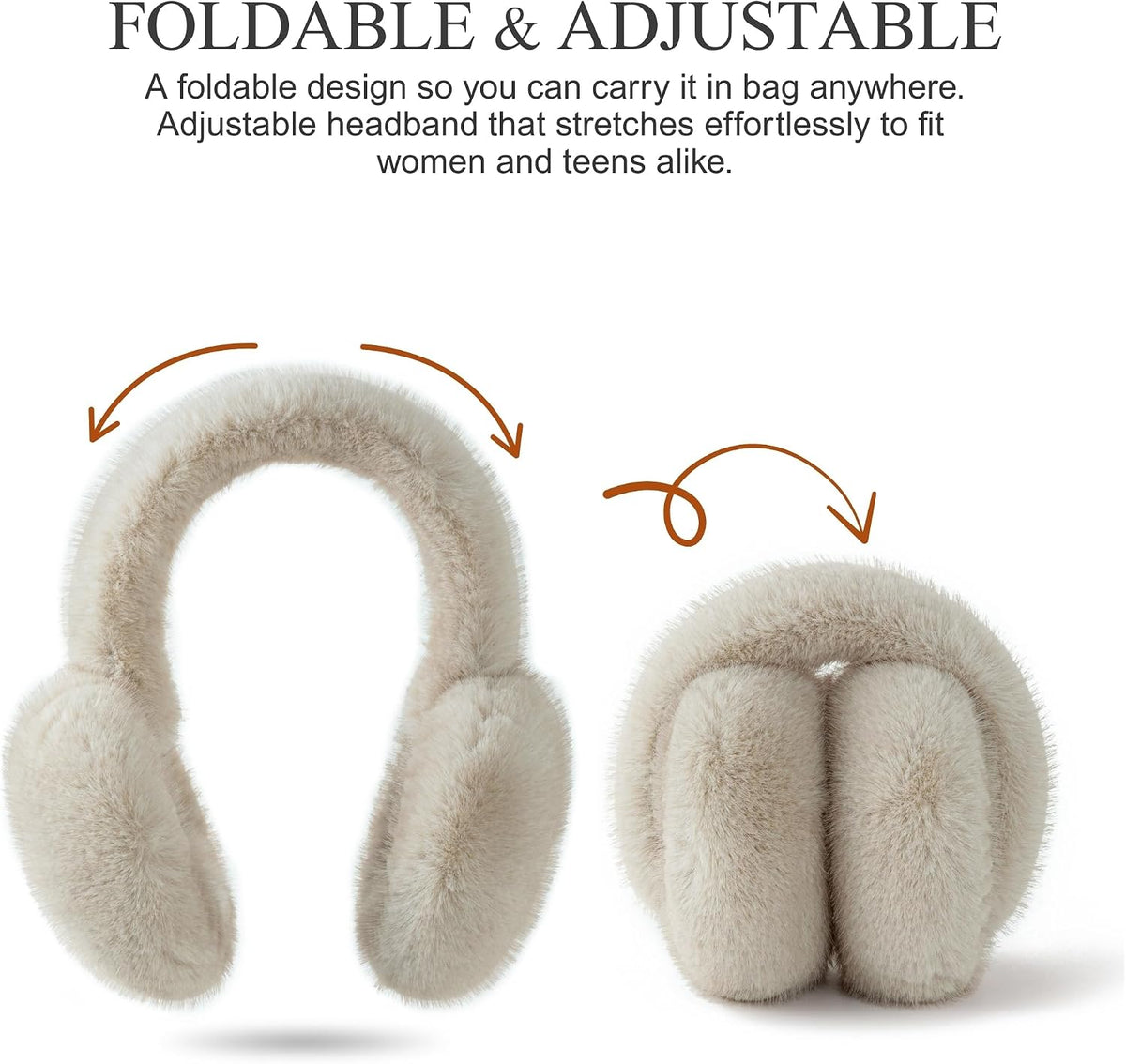 Flammi F Women's Earmuffs Winter, Plush Faux Fur Foldable Ear Warmers for Cold Weather, Ear Covers for Outdoor Sports, Skiing