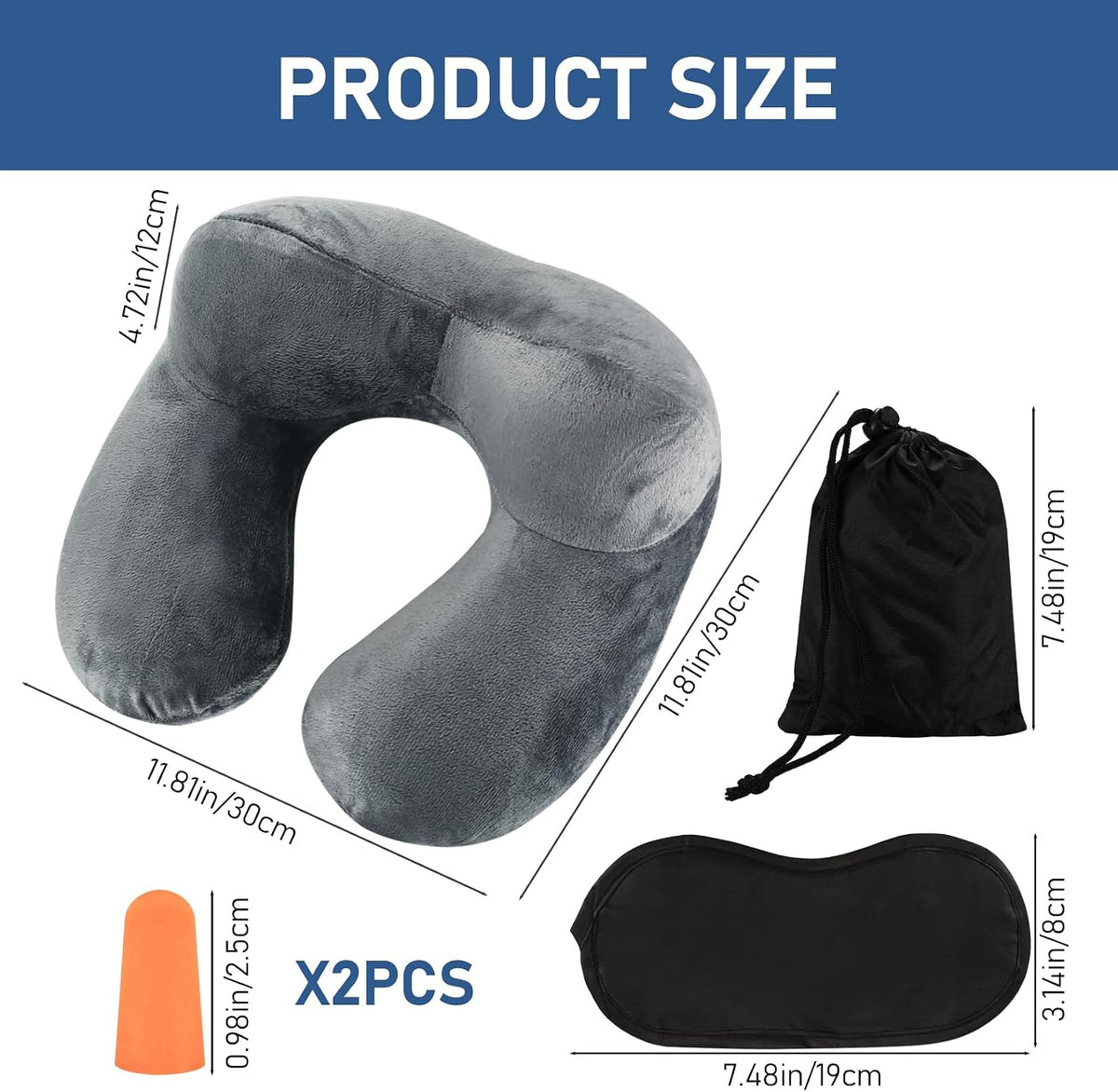 1 PcsInflatable Travel Pillows for Sleeping Airplane Inflatable Neck Pillow for Traveling Pillow Inflatable Travel Neck Pillows for Airplanes Sleeping, Train, Car, Office, with Eye Masks, Earplugs