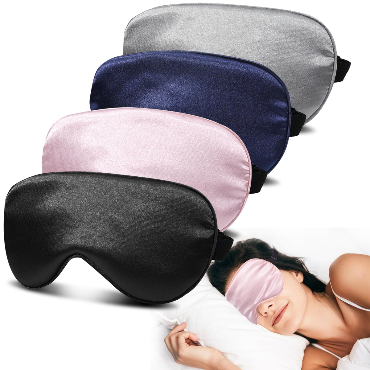 4 Pack Silk Sleep Mask, Blackout Eye Mask with Adjustable Strap
