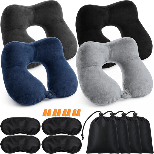 4 Sets Inflatable Travel Pillows, 11" x 10" x 4" Neck Pillow for Airplanes with Compact Bag and Blindfold Velvet Inflatable Neck Pillow for Traveling Head Support U Shaped Flight Inch (4 Colors)