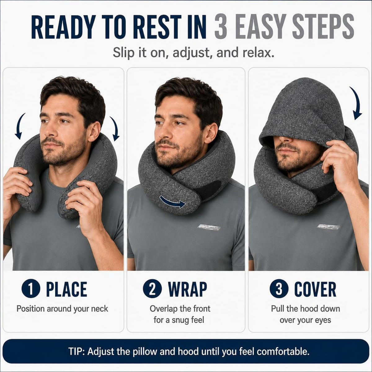 Travel Neck Pillow with Hood, Upgraded Memory Foam Airplane Pillow for Sleeping, 360° Support U Shaped Travel Pillow with Hidden Eye Cover, Portable Flight Accessories for Plane Car Office(Black)