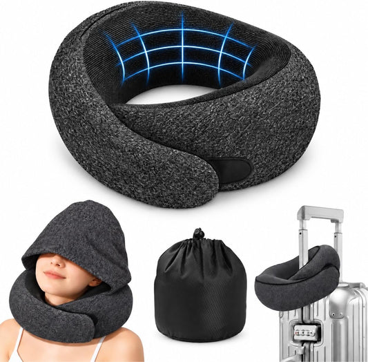 Travel Neck Pillow with Hood, Upgraded Memory Foam Airplane Pillow for Sleeping, 360° Support U Shaped Travel Pillow with Hidden Eye Cover, Portable Flight Accessories for Plane Car Office(Black)