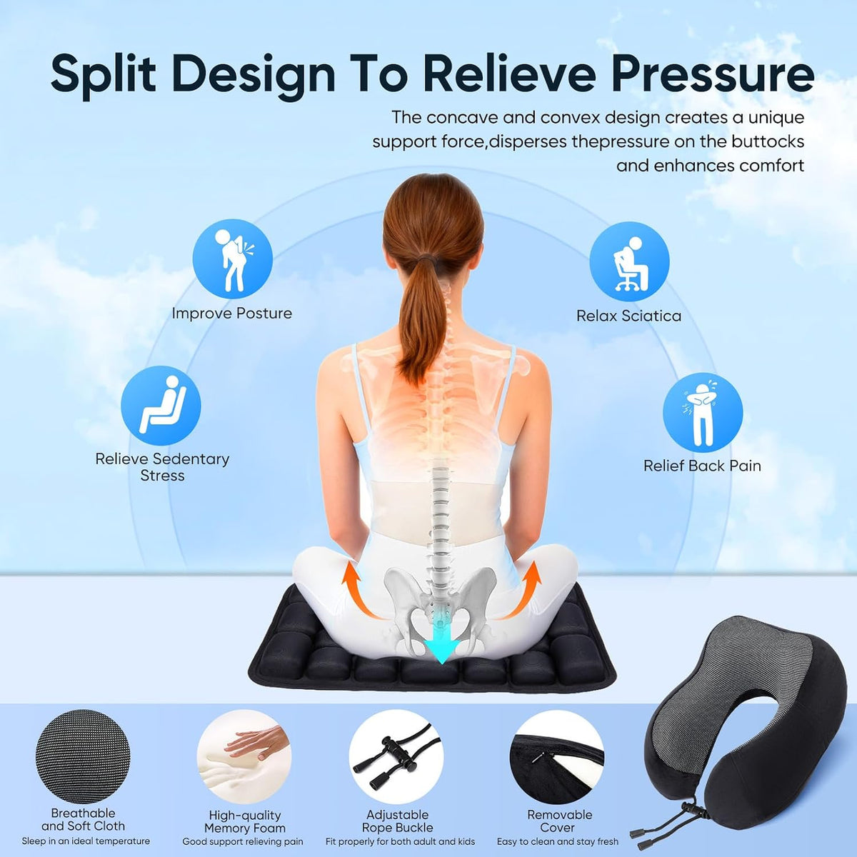 Inflatable seat Cushion, with Bubble Design, 3D Inflatable Safety airbag, ergonomically Designed, Equipped with Neck Pillow Set and Included in a Storage Bag.