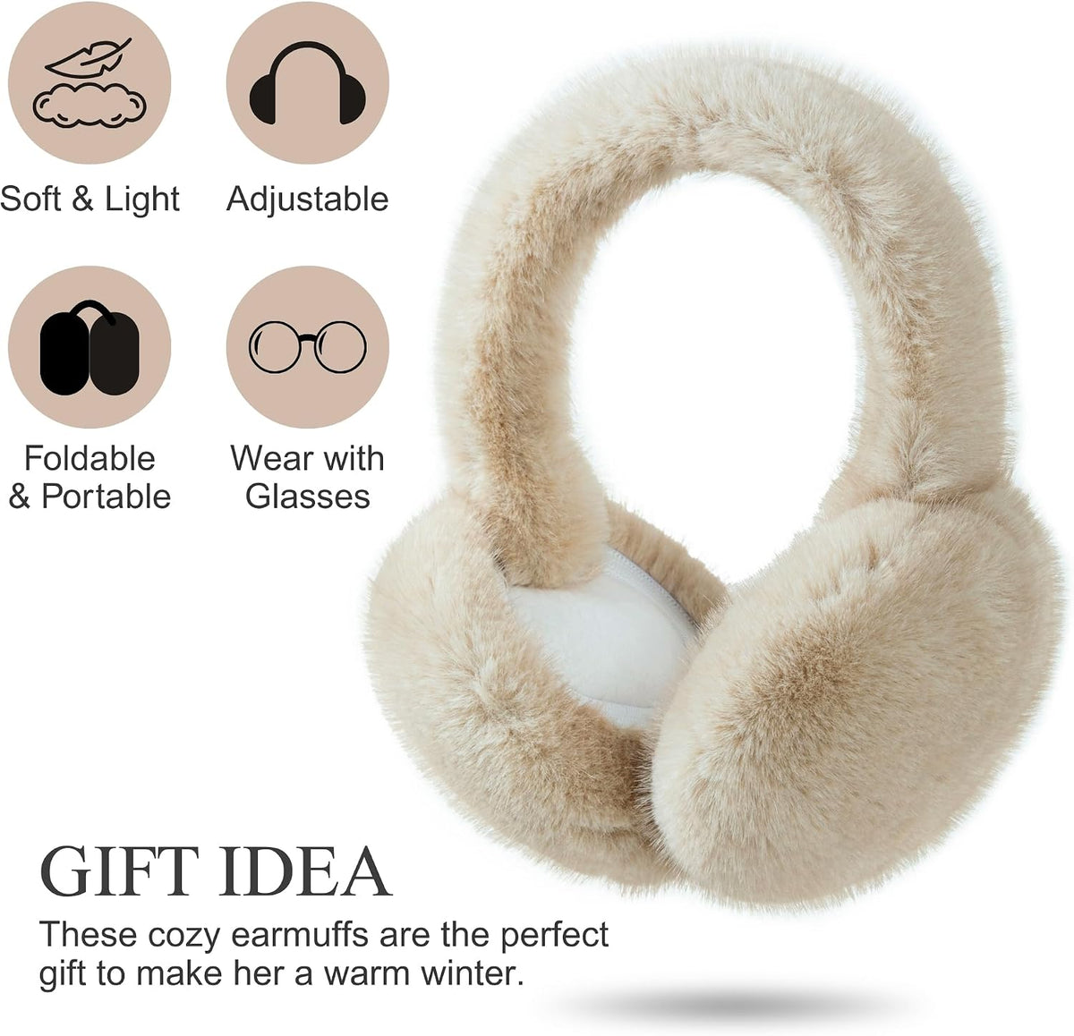Flammi F Women's Earmuffs Winter, Plush Faux Fur Foldable Ear Warmers for Cold Weather, Ear Covers for Outdoor Sports, Skiing