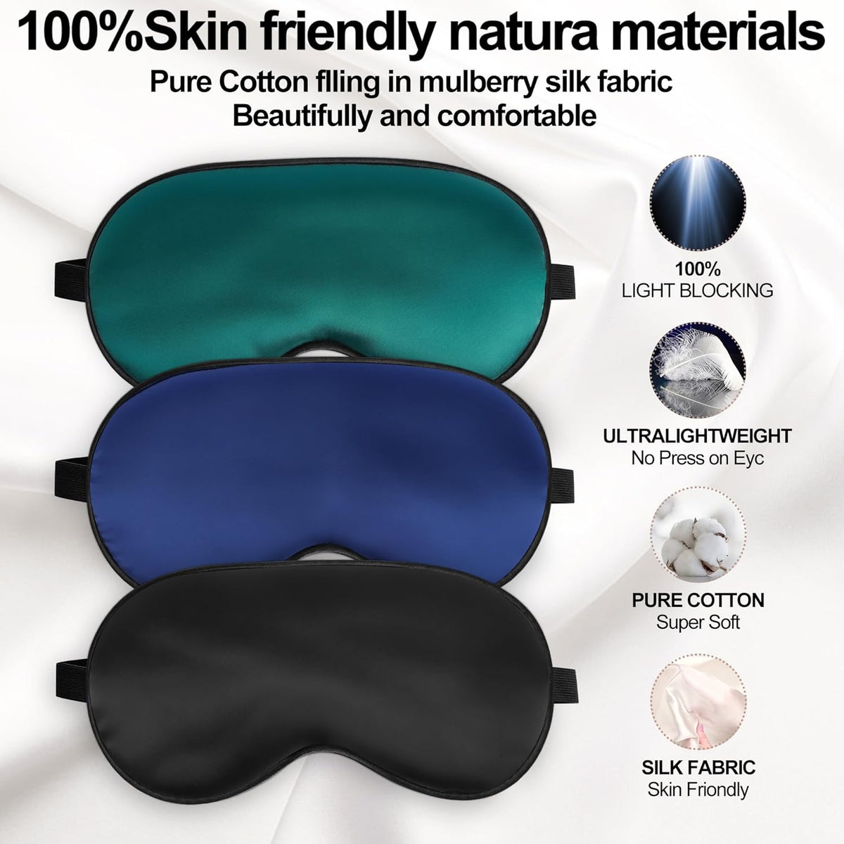 Silk Sleep Mask, Blackout Sleeping Eye Mask with Adjustable Strap 3 Pack