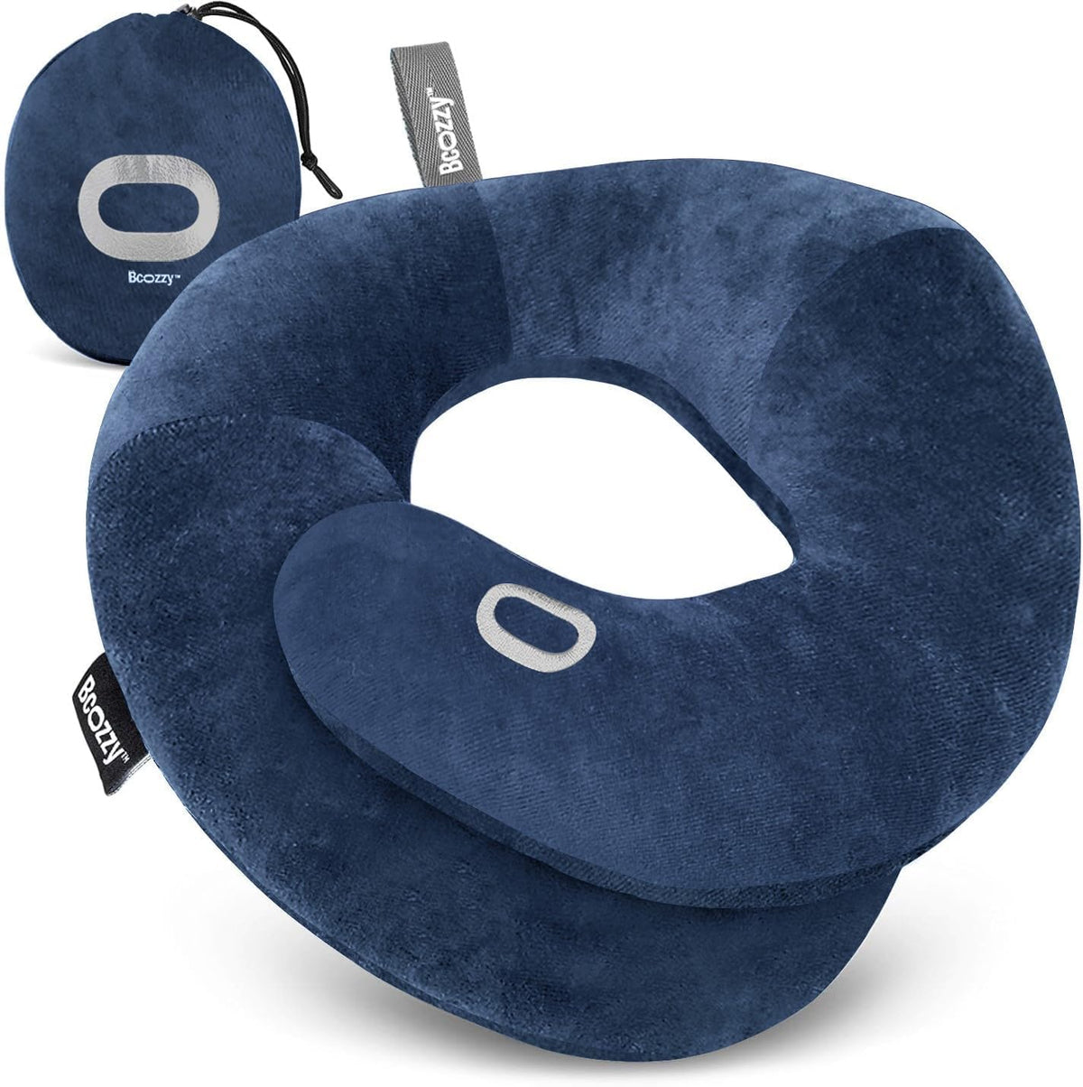 BCOZZY Travel Neck Pillow for Airplane - Patented Head, Neck & Chin Support. Soft, Adjustable Pillow for Comfortable Resting on Long Flights, Car Rides & Recliners. Washable, Carry Bag, Large, Navy