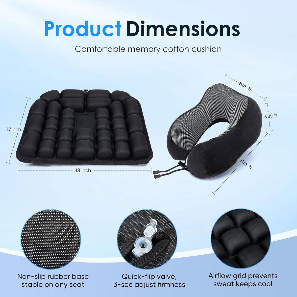 Inflatable seat Cushion, with Bubble Design, 3D Inflatable Safety airbag, ergonomically Designed, Equipped with Neck Pillow Set and Included in a Storage Bag.