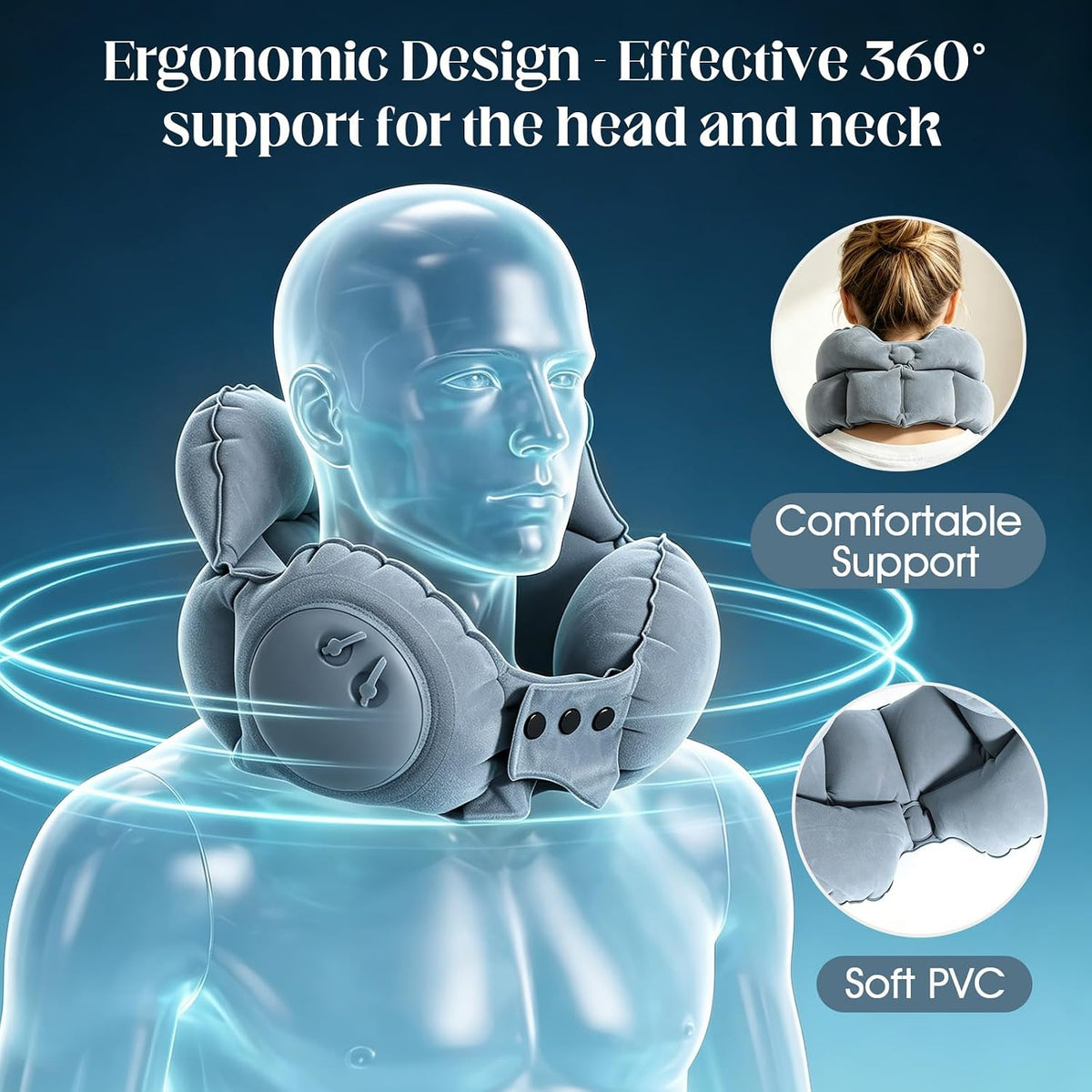 Inflatable Neck Pillow, U-Shaped Travel Pillow with Adjustable Snap Grey