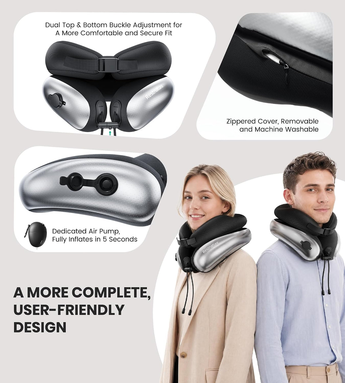 Neck Pillow, Upgraded Adjustable Travel Neck Pillow for Airplane – Patented Inflatable Design with Memory Foam for 360° Ergonomic Head & Neck Support (Black-M)
