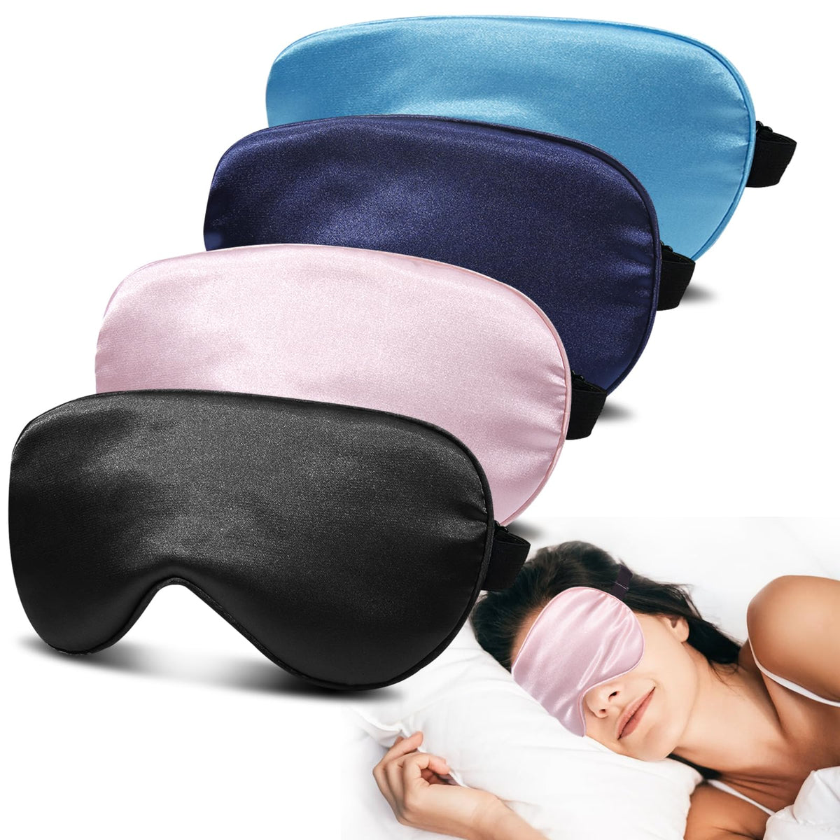 4 Pack Silk Sleep Mask, Blackout Eye Mask with Adjustable Strap