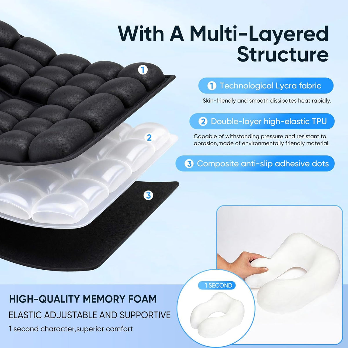 Inflatable seat Cushion, with Bubble Design, 3D Inflatable Safety airbag, ergonomically Designed, Equipped with Neck Pillow Set and Included in a Storage Bag.