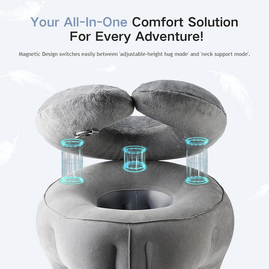 2-in-1 Magnetic Design Inflatable Travel Pillow, Ergonomic Neck Support Airplane Pillow for Flying, Compact Camping Pillow with Storage Bag for Home Nap & Car Travel (Grey)