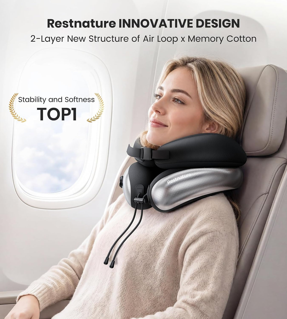 Neck Pillow, Upgraded Adjustable Travel Neck Pillow for Airplane – Patented Inflatable Design with Memory Foam for 360° Ergonomic Head & Neck Support (Black-M)