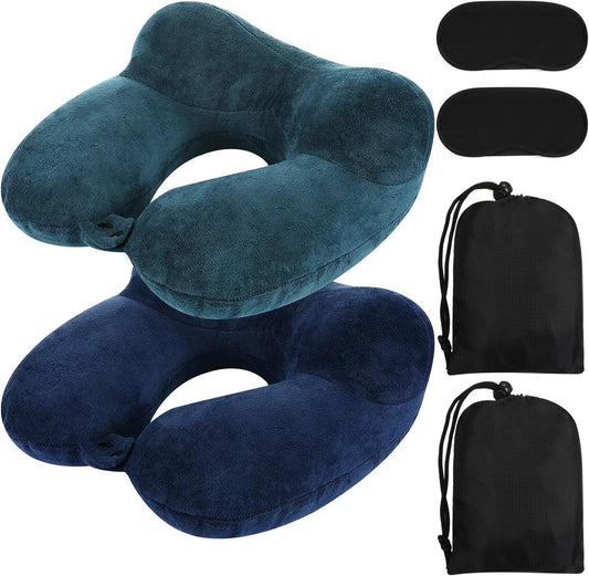 Sintuff 2 Pack Inflatable Travel Neck Pillow Airplane, Peacock Green, Blue