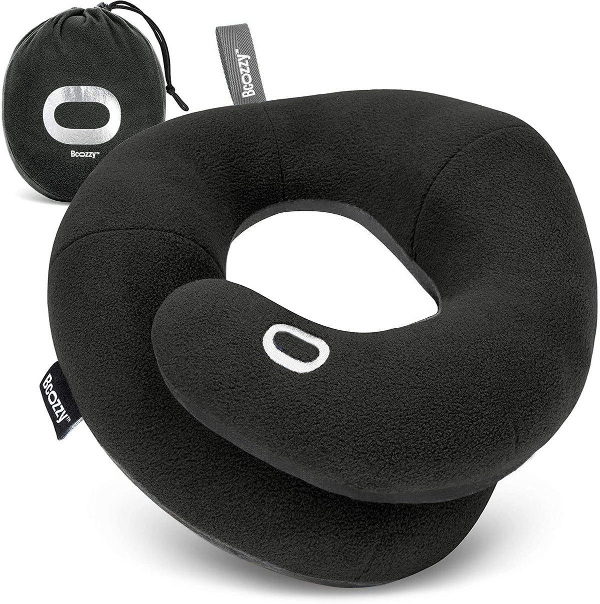 BCOZZY Travel Neck Pillow for Airplane - Patented Head, Neck & Chin Support. Soft, Adjustable Pillow for Comfortable Resting on Long Flights, Car Rides & Recliners. Washable, Carry Bag, Large, Navy