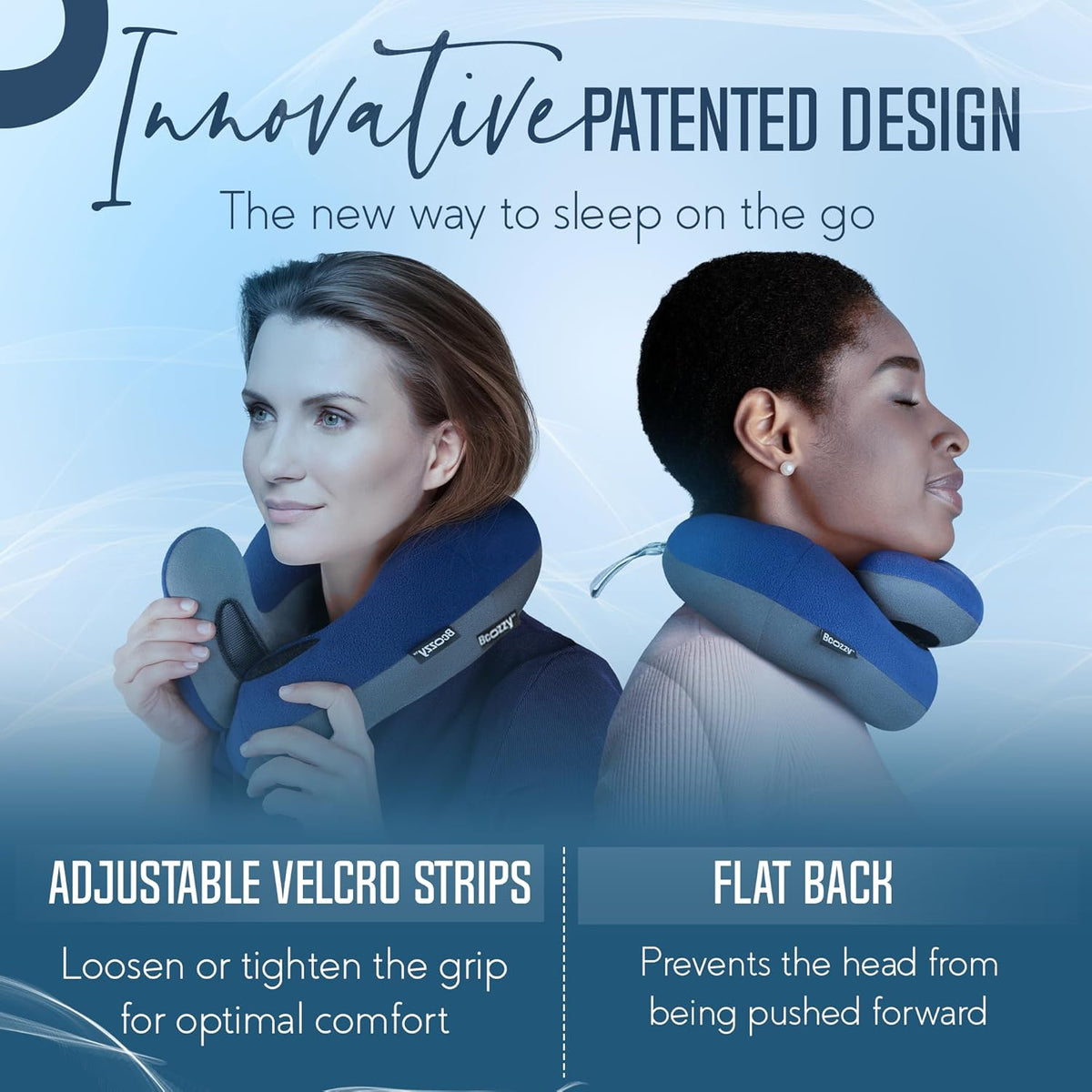 BCOZZY Travel Neck Pillow for Airplane - Patented Head, Neck & Chin Support. Soft, Adjustable Pillow for Comfortable Resting on Long Flights, Car Rides & Recliners. Washable, Carry Bag, Large, Navy