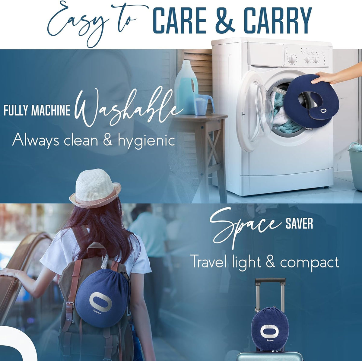 BCOZZY Travel Neck Pillow for Airplane - Patented Head, Neck & Chin Support. Soft, Adjustable Pillow for Comfortable Resting on Long Flights, Car Rides & Recliners. Washable, Carry Bag, Large, Navy