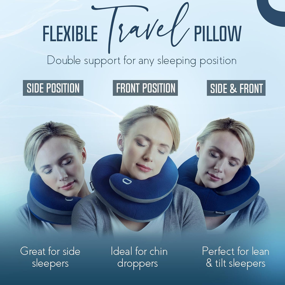 BCOZZY Travel Neck Pillow for Airplane - Patented Head, Neck & Chin Support. Soft, Adjustable Pillow for Comfortable Resting on Long Flights, Car Rides & Recliners. Washable, Carry Bag, Large, Navy
