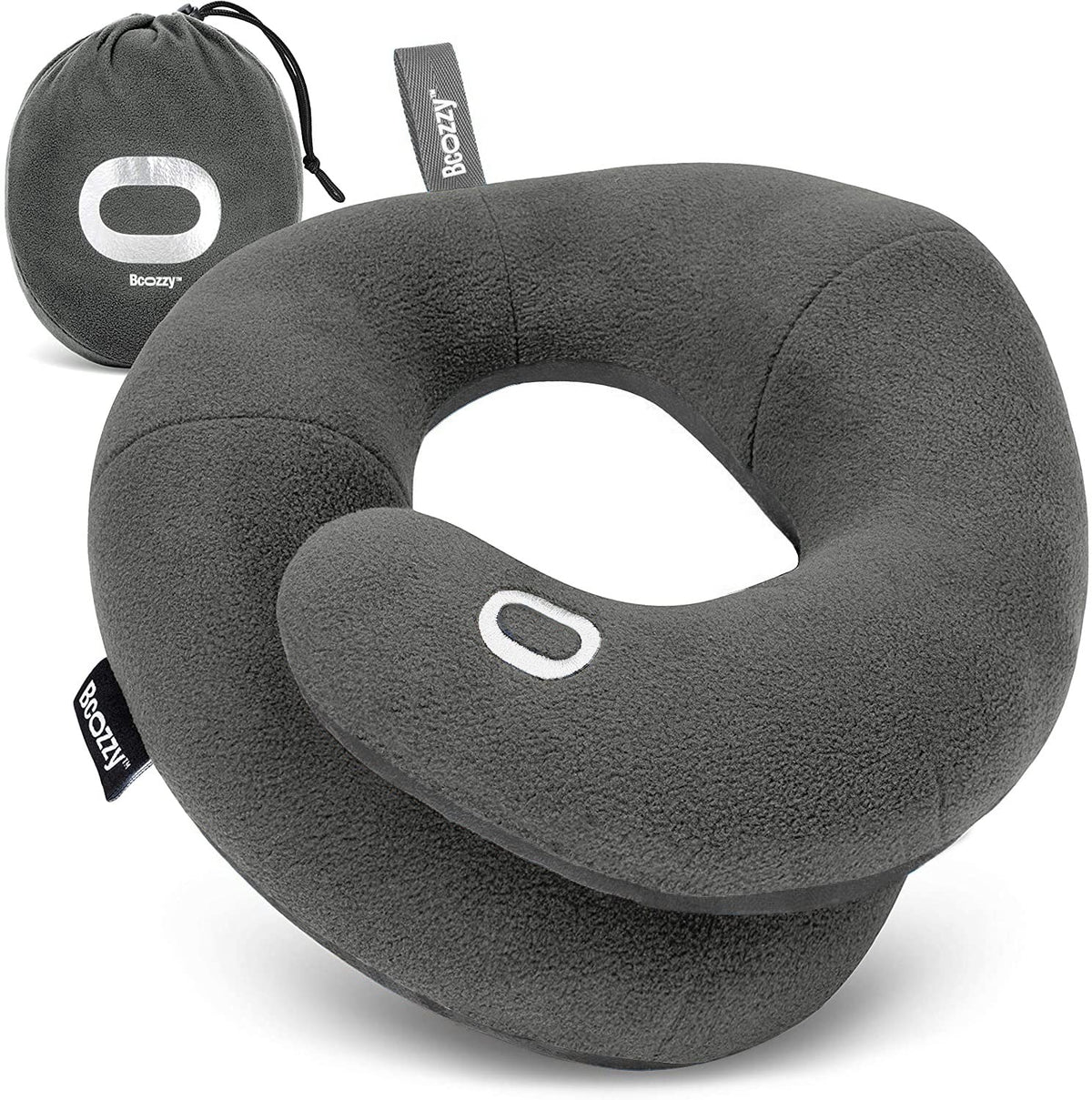BCOZZY Travel Neck Pillow for Airplane - Patented Head, Neck & Chin Support. Soft, Adjustable Pillow for Comfortable Resting on Long Flights, Car Rides & Recliners. Washable, Carry Bag, Large, Navy