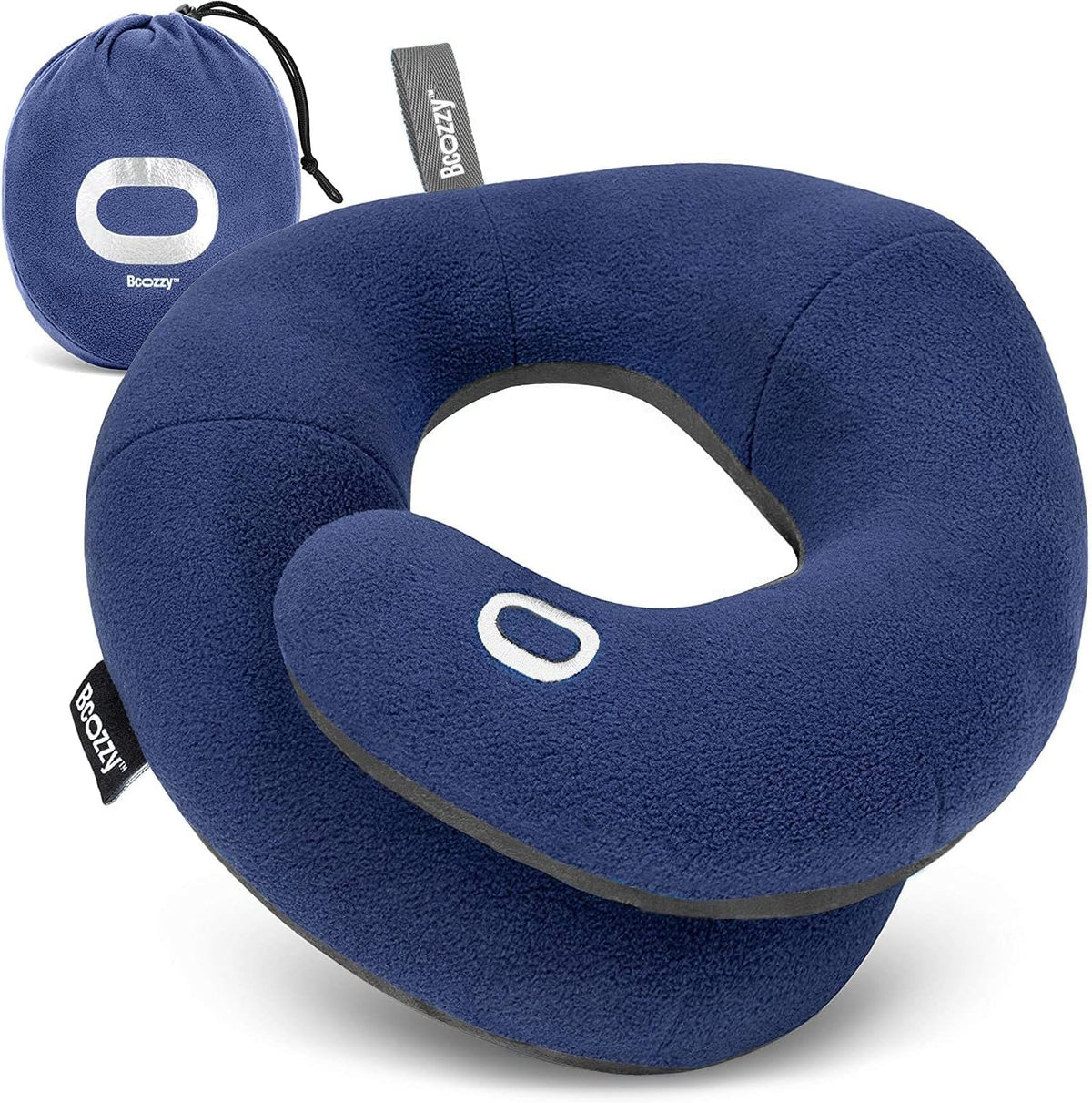 BCOZZY Travel Neck Pillow for Airplane - Patented Head, Neck & Chin Support. Soft, Adjustable Pillow for Comfortable Resting on Long Flights, Car Rides & Recliners. Washable, Carry Bag, Large, Navy