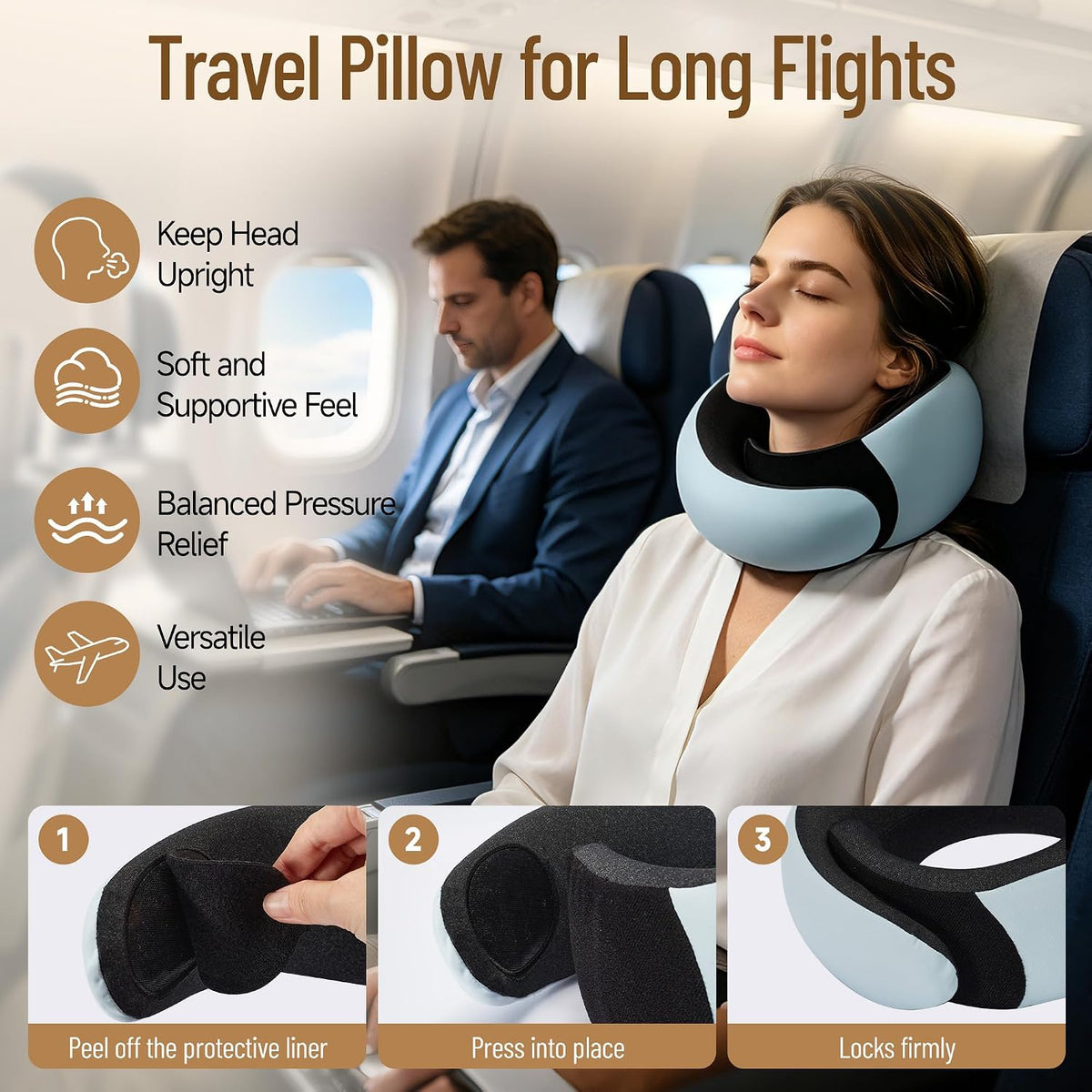 G-Shape Adjustable Memory Foam Travel Neck Pillow for Airplanes (Blue)