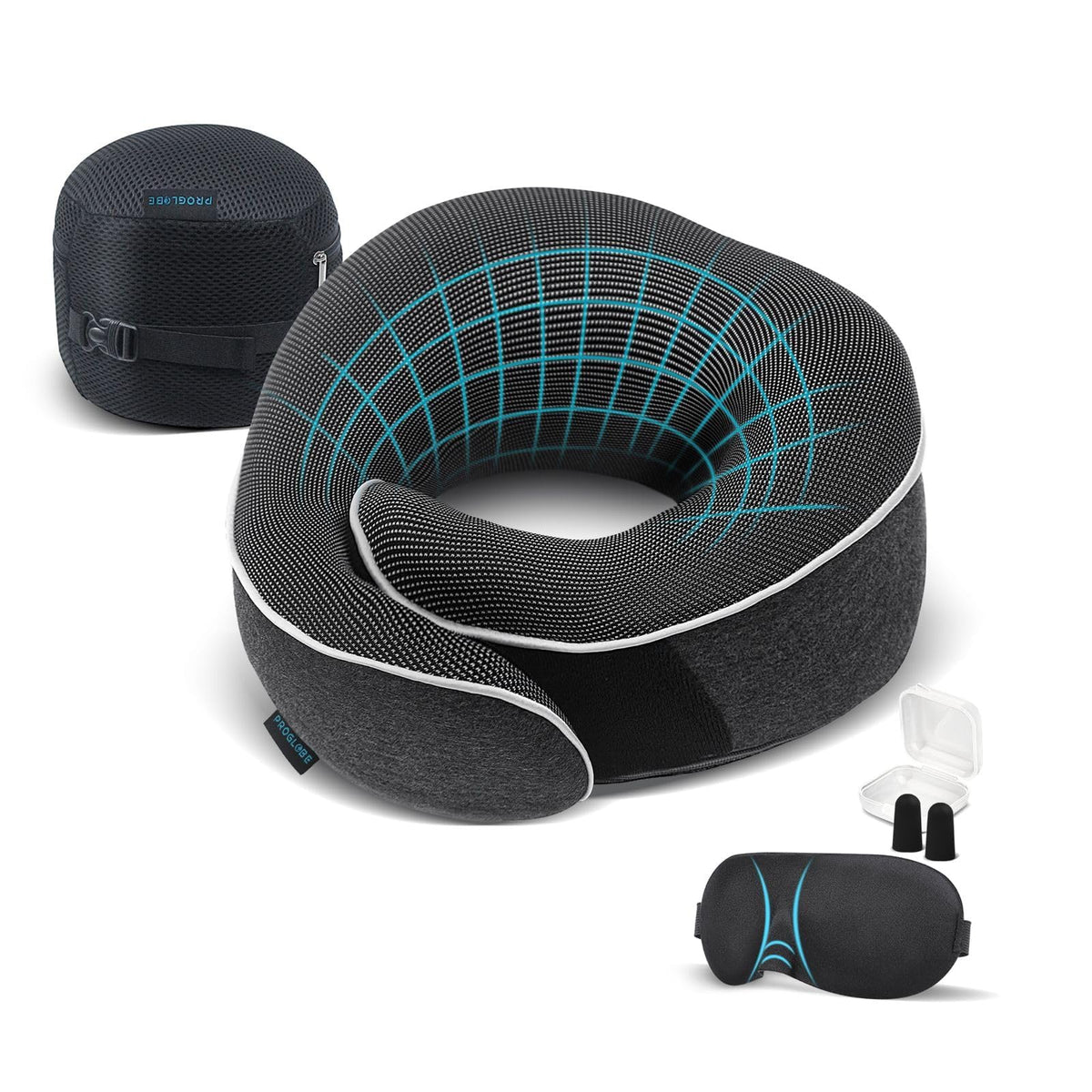 Proglobe Travel Neck Pillow for Airplanes, Long Haul Flight Kit, Grey