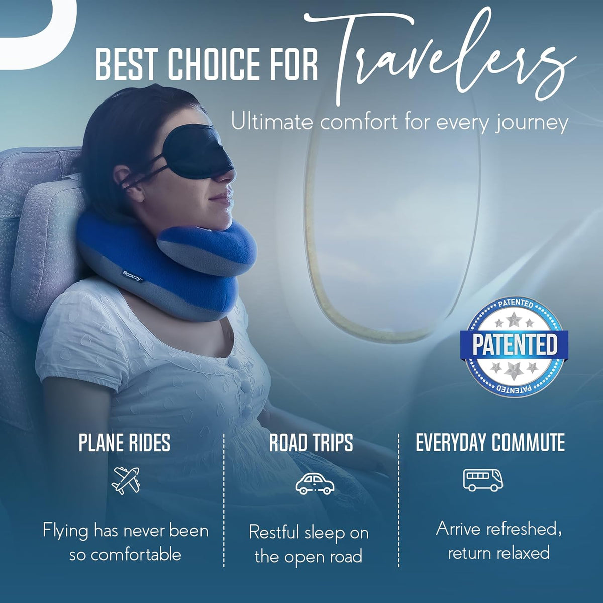 BCOZZY Travel Neck Pillow for Airplane - Patented Head, Neck & Chin Support. Soft, Adjustable Pillow for Comfortable Resting on Long Flights, Car Rides & Recliners. Washable, Carry Bag, Large, Navy