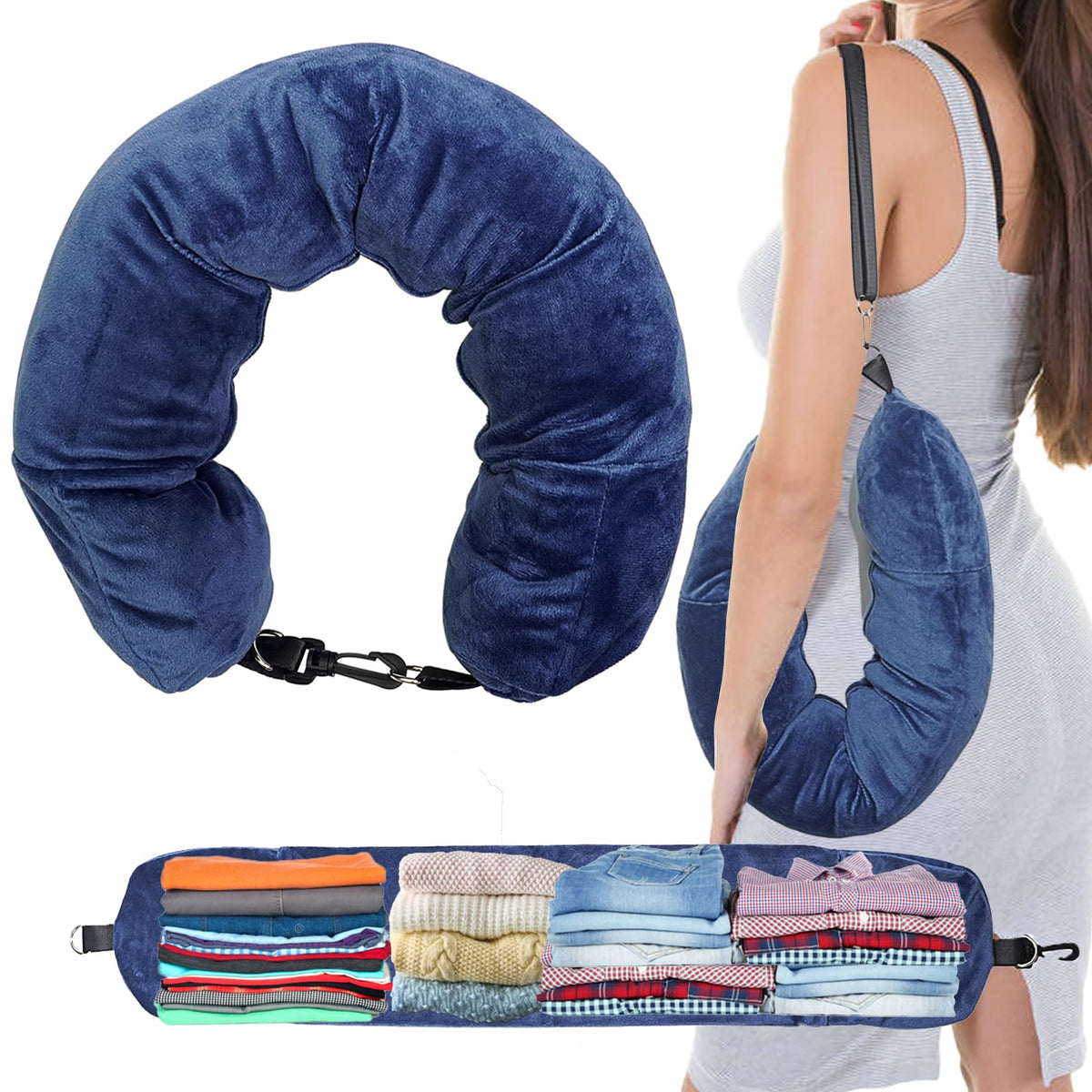 1/2PCS Travel Pillow Stuffable with Clothes As Carry-On Luggage Fits Up to 3 Days of Travel Essentials, Multifunctional U-Shaped Pillowcase for Business, Trip, Outdoor (1PCS-Black)