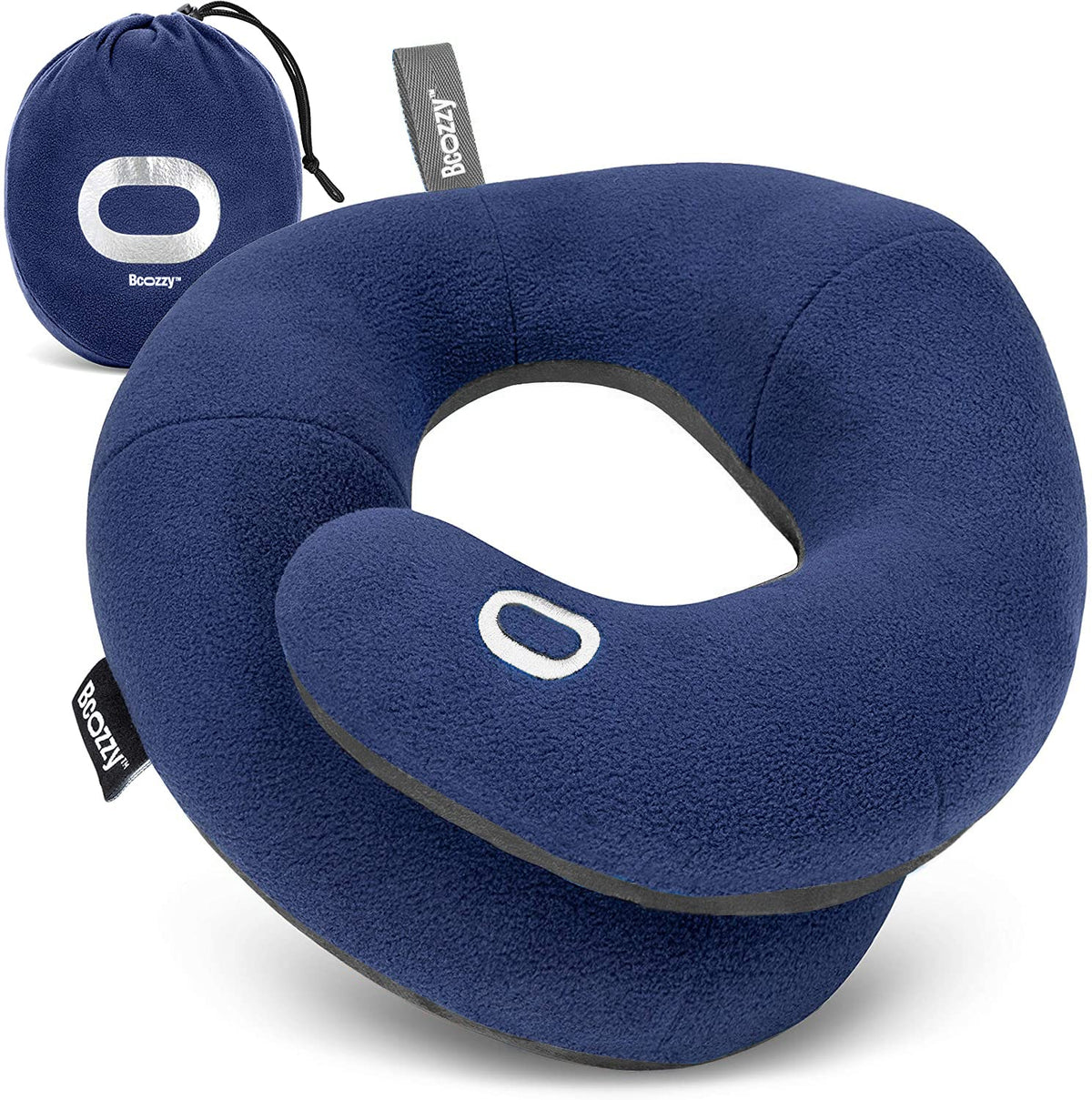 BCOZZY Travel Neck Pillow for Airplane - Patented Head, Neck & Chin Support. Soft, Adjustable Pillow for Comfortable Resting on Long Flights, Car Rides & Recliners. Washable, Carry Bag, Large, Navy