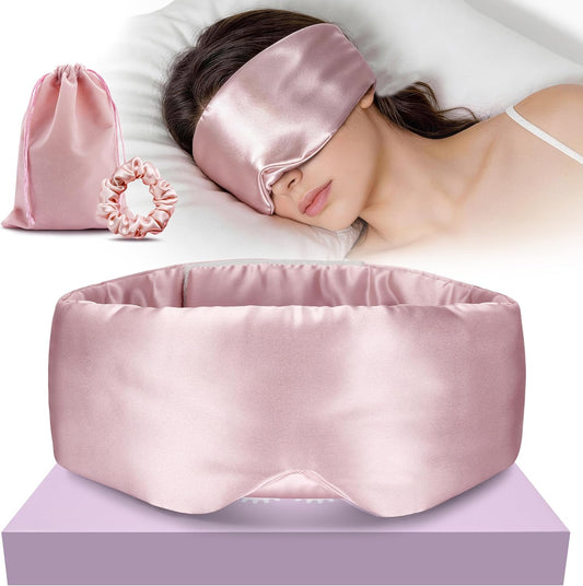 Silk Sleep Eye Mask & Hairband Set for Side Sleeper Women Men (Pink)