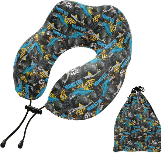 Travel Neck Pillow Monster Truck Memory Foam Head Support Soft Pillows with Storage Bag U-Shape Pillow for Cars Long Flights Sleeping Girls Boys Adults Gift