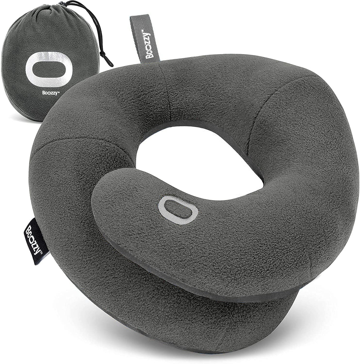 BCOZZY Travel Neck Pillow for Airplane - Patented Head, Neck & Chin Support. Soft, Adjustable Pillow for Comfortable Resting on Long Flights, Car Rides & Recliners. Washable, Carry Bag, Large, Navy