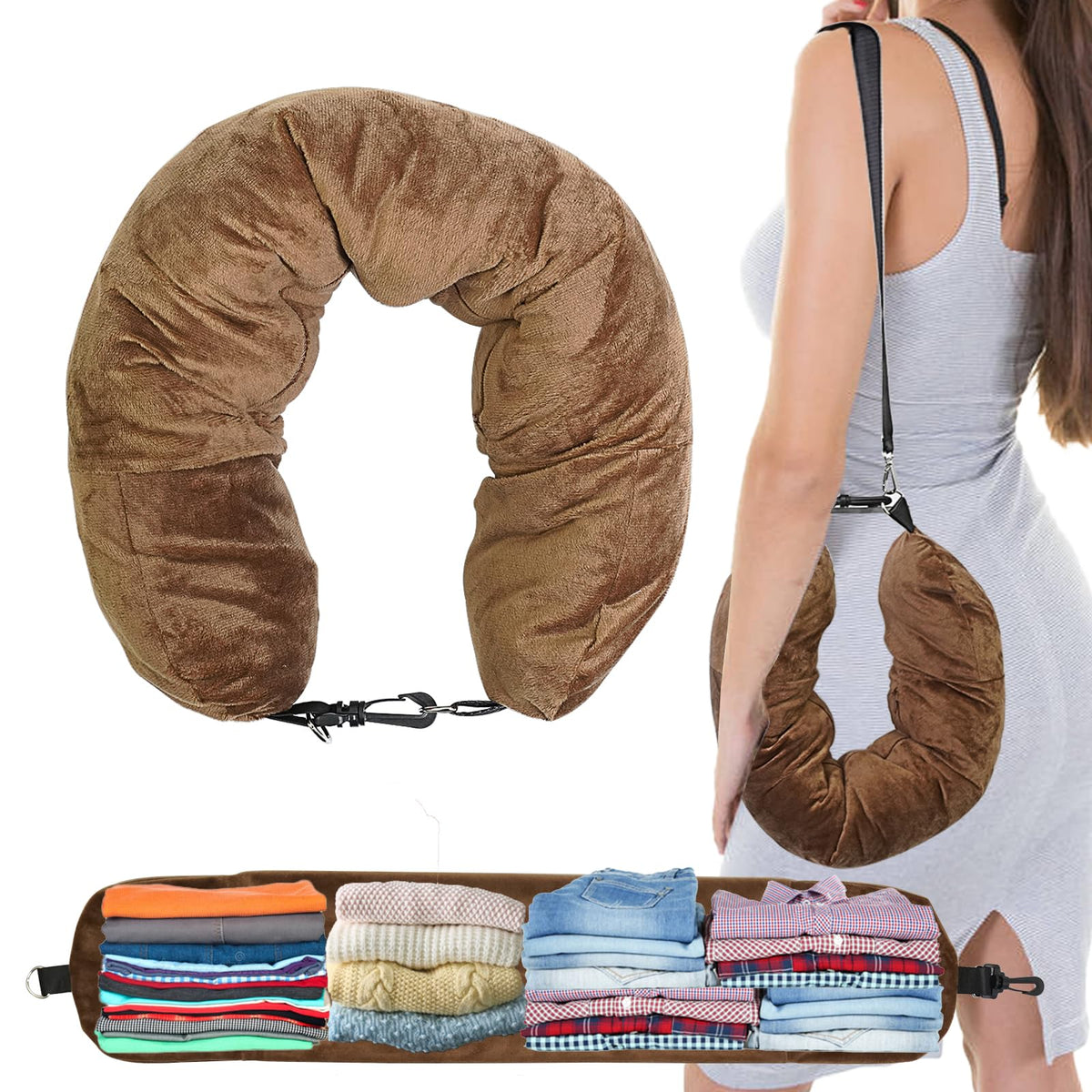1/2PCS Travel Pillow Stuffable with Clothes As Carry-On Luggage Fits Up to 3 Days of Travel Essentials, Multifunctional U-Shaped Pillowcase for Business, Trip, Outdoor (1PCS-Black)