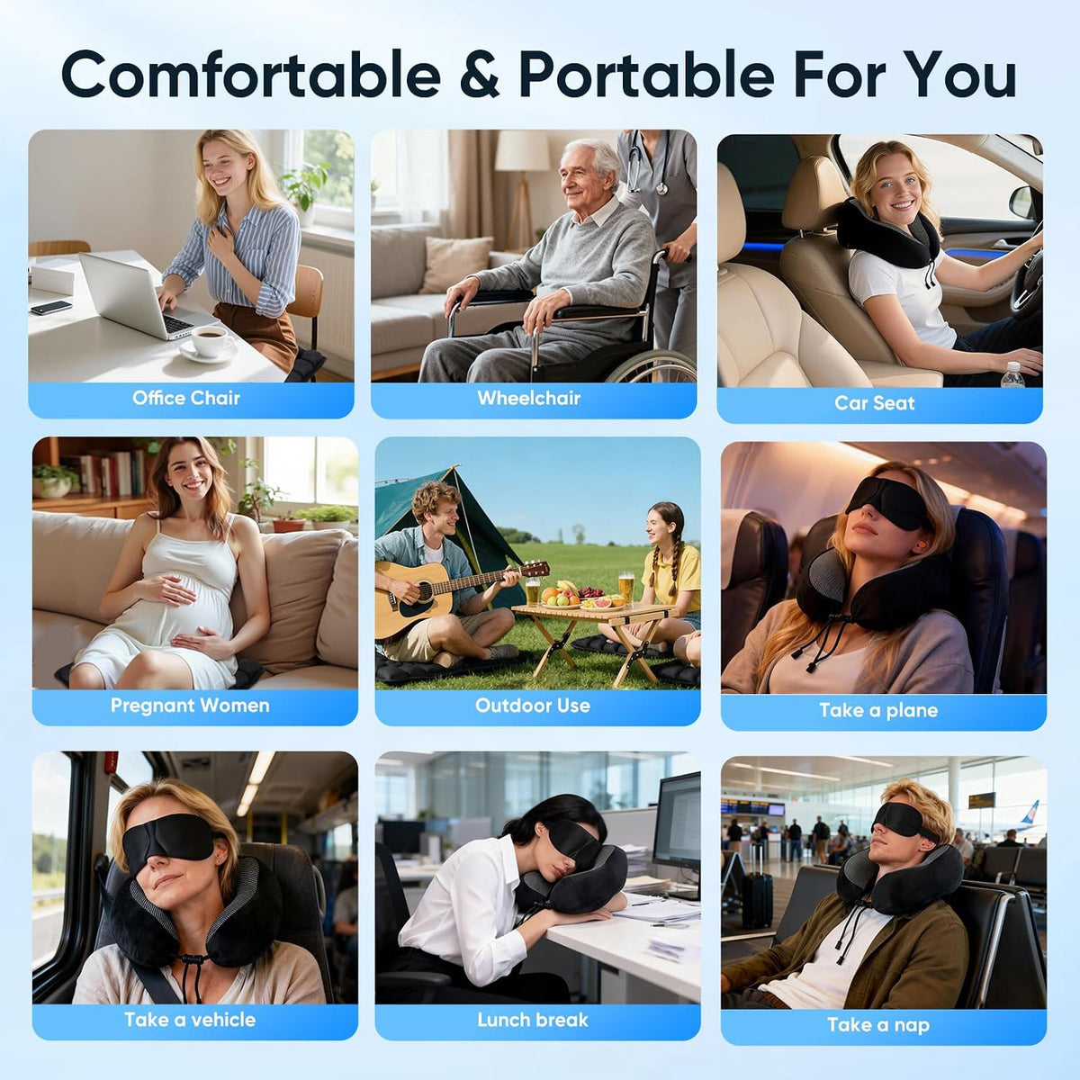 Inflatable seat Cushion, with Bubble Design, 3D Inflatable Safety airbag, ergonomically Designed, Equipped with Neck Pillow Set and Included in a Storage Bag.