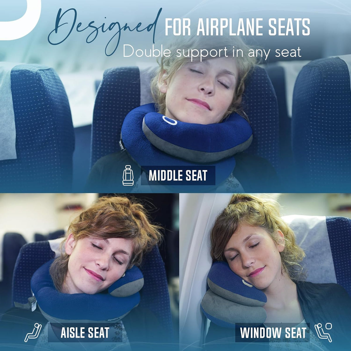 BCOZZY Travel Neck Pillow for Airplane - Patented Head, Neck & Chin Support. Soft, Adjustable Pillow for Comfortable Resting on Long Flights, Car Rides & Recliners. Washable, Carry Bag, Large, Navy