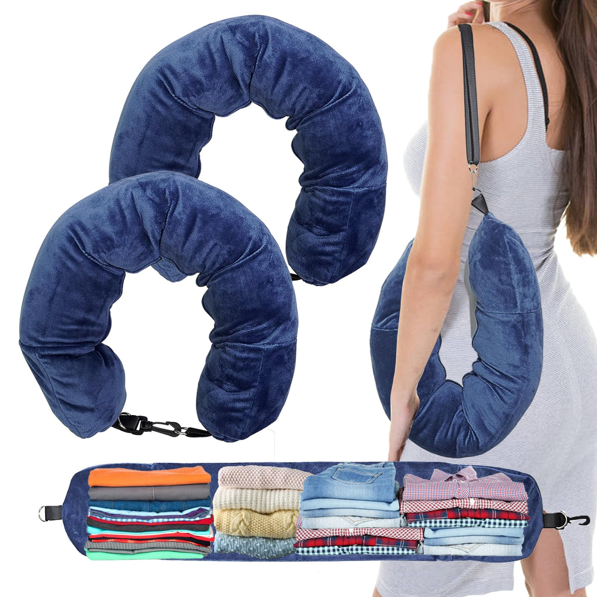 1/2PCS Travel Pillow Stuffable with Clothes As Carry-On Luggage Fits Up to 3 Days of Travel Essentials, Multifunctional U-Shaped Pillowcase for Business, Trip, Outdoor (1PCS-Black)