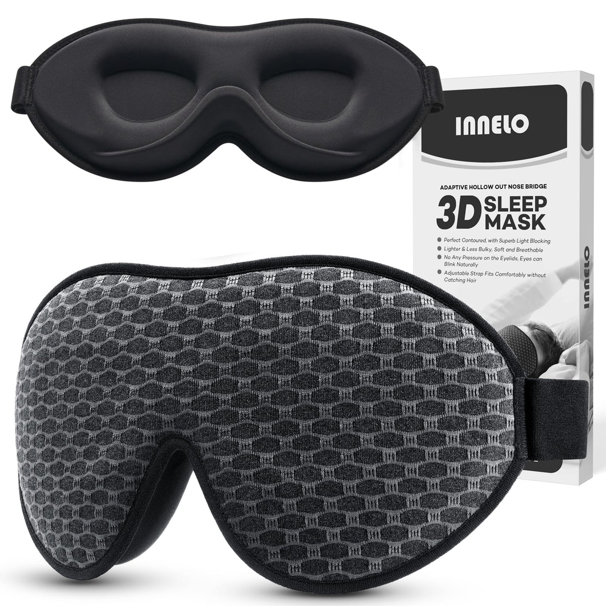 INNELO Sleep Mask for Side Sleeper, 3D Zero-Pressure, 100% Blackout, Nap
