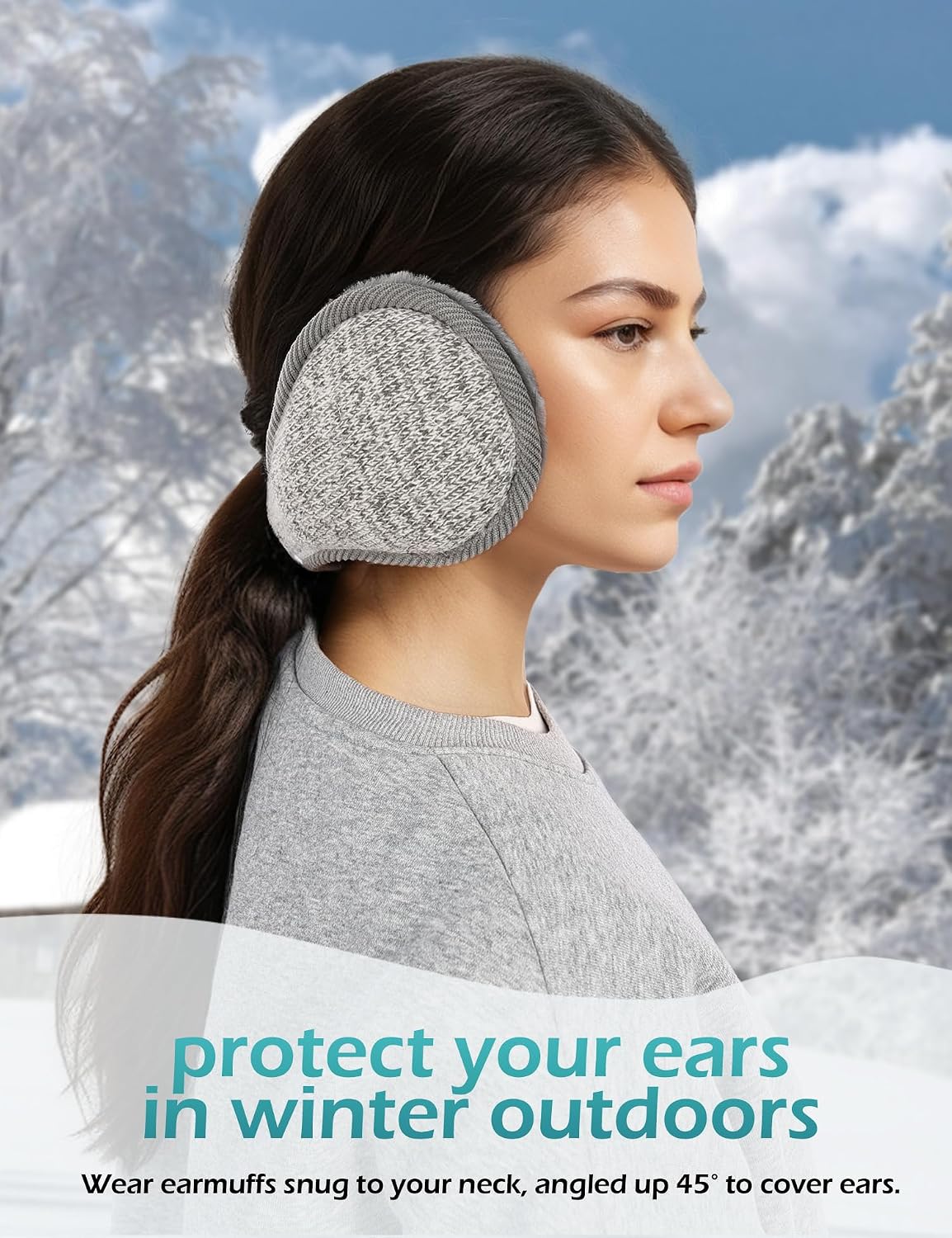 Surblue Unisex Warm Knit Mink Cashmere Winter Pure Color Earmuffs with Fur Earwarmer, Adjustable Wrap, Grey, Large