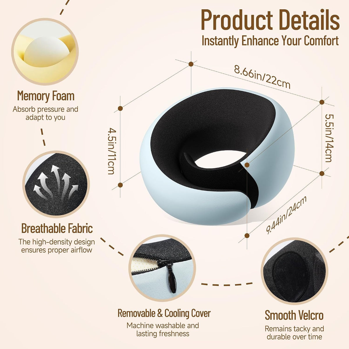 G-Shape Adjustable Memory Foam Travel Neck Pillow for Airplanes (Blue)
