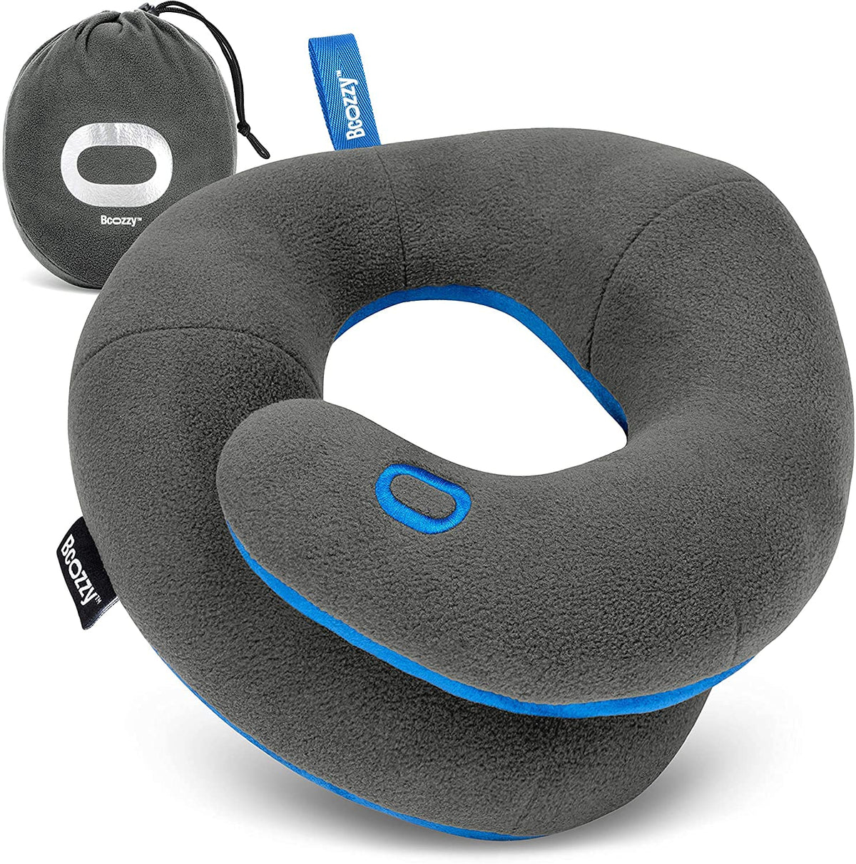 BCOZZY Travel Neck Pillow for Airplane - Patented Head, Neck & Chin Support. Soft, Adjustable Pillow for Comfortable Resting on Long Flights, Car Rides & Recliners. Washable, Carry Bag, Large, Navy