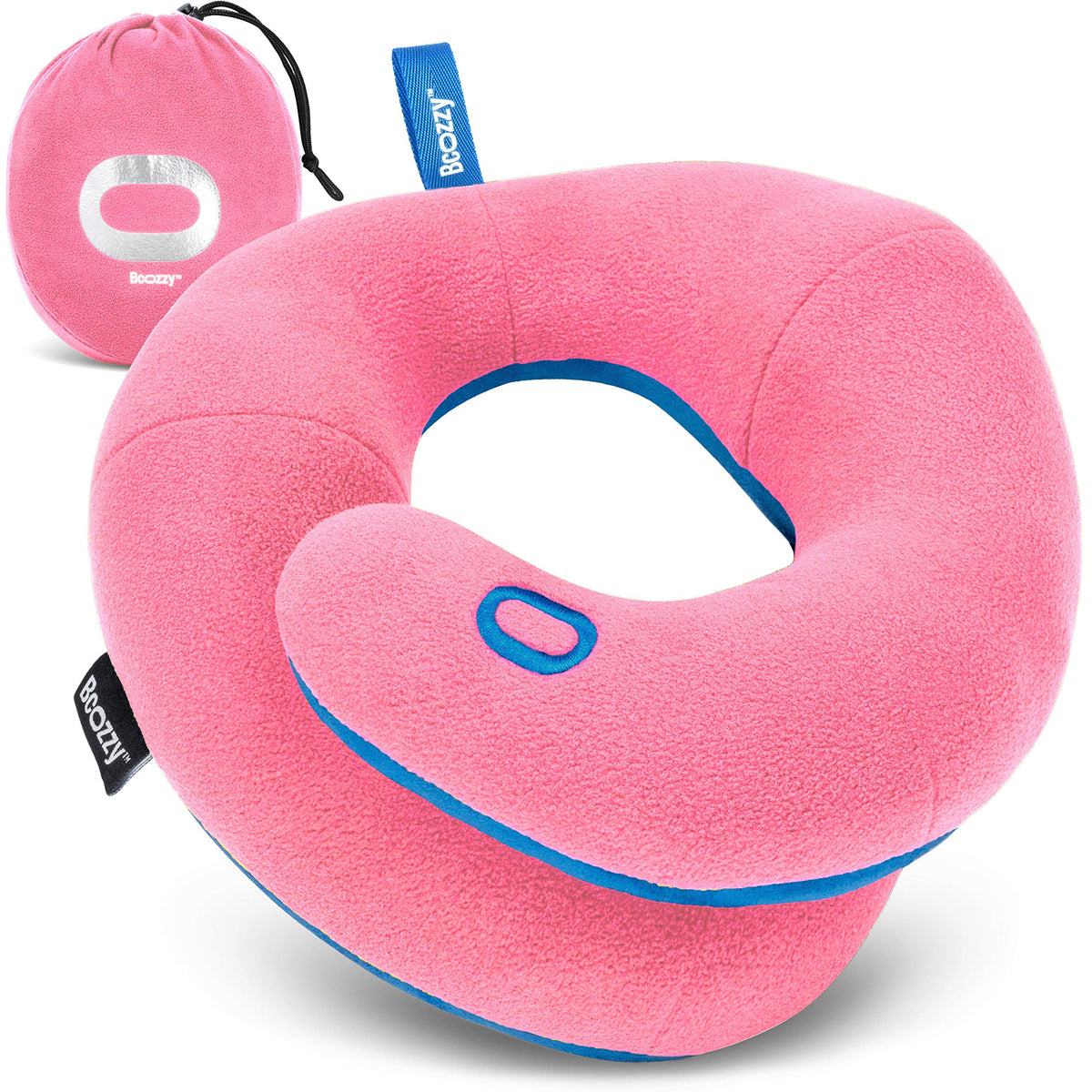 BCOZZY Travel Neck Pillow for Airplane - Patented Head, Neck & Chin Support. Soft, Adjustable Pillow for Comfortable Resting on Long Flights, Car Rides & Recliners. Washable, Carry Bag, Large, Navy