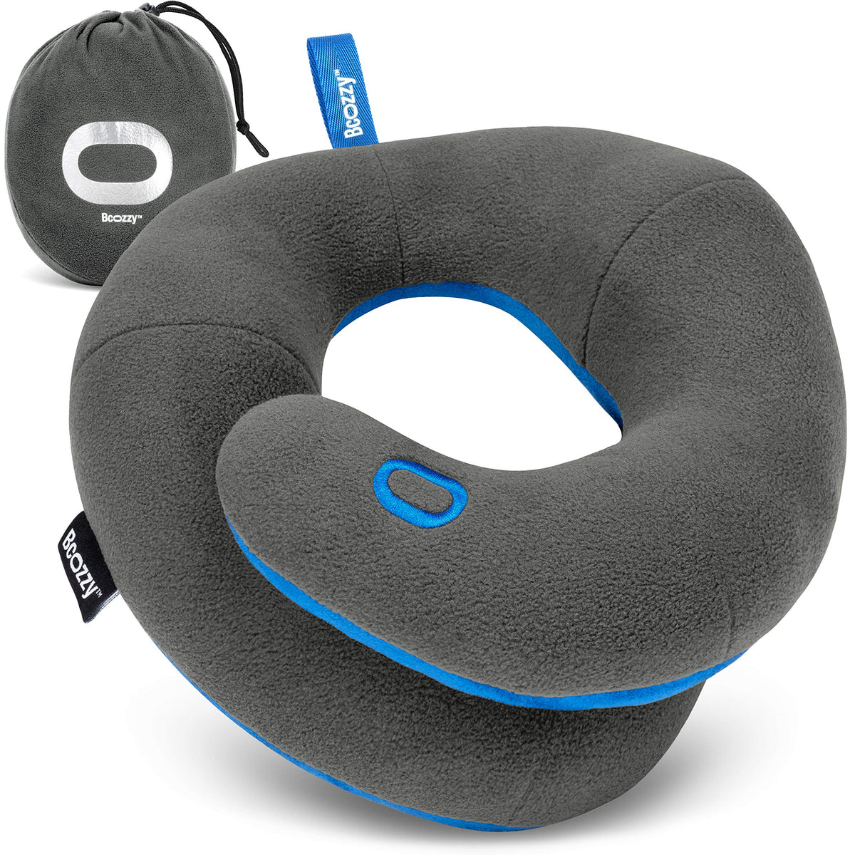 BCOZZY Travel Neck Pillow for Airplane - Patented Head, Neck & Chin Support. Soft, Adjustable Pillow for Comfortable Resting on Long Flights, Car Rides & Recliners. Washable, Carry Bag, Large, Navy