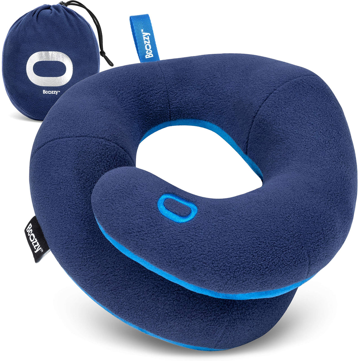 BCOZZY Travel Neck Pillow for Airplane - Patented Head, Neck & Chin Support. Soft, Adjustable Pillow for Comfortable Resting on Long Flights, Car Rides & Recliners. Washable, Carry Bag, Large, Navy