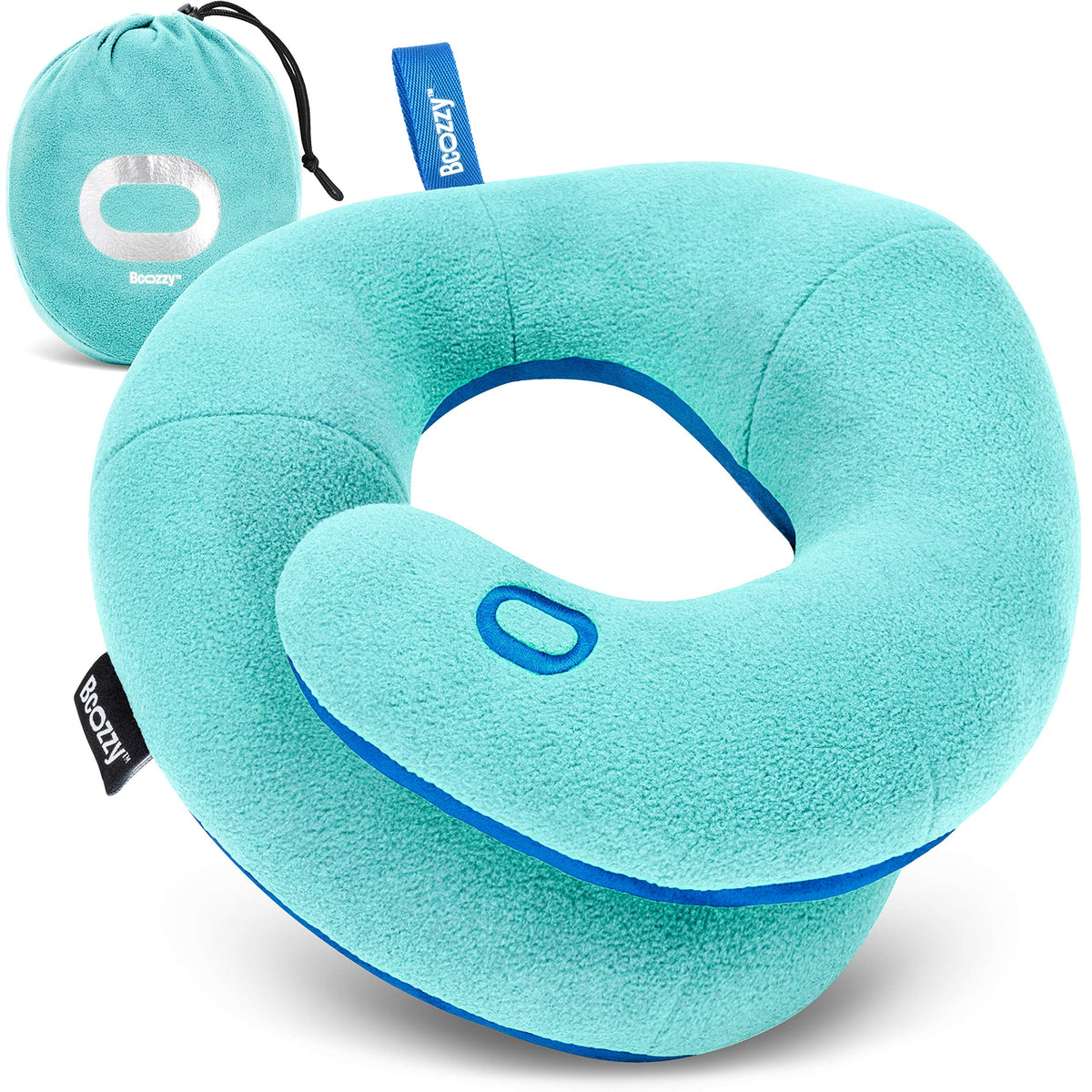 BCOZZY Travel Neck Pillow for Airplane - Patented Head, Neck & Chin Support. Soft, Adjustable Pillow for Comfortable Resting on Long Flights, Car Rides & Recliners. Washable, Carry Bag, Large, Navy